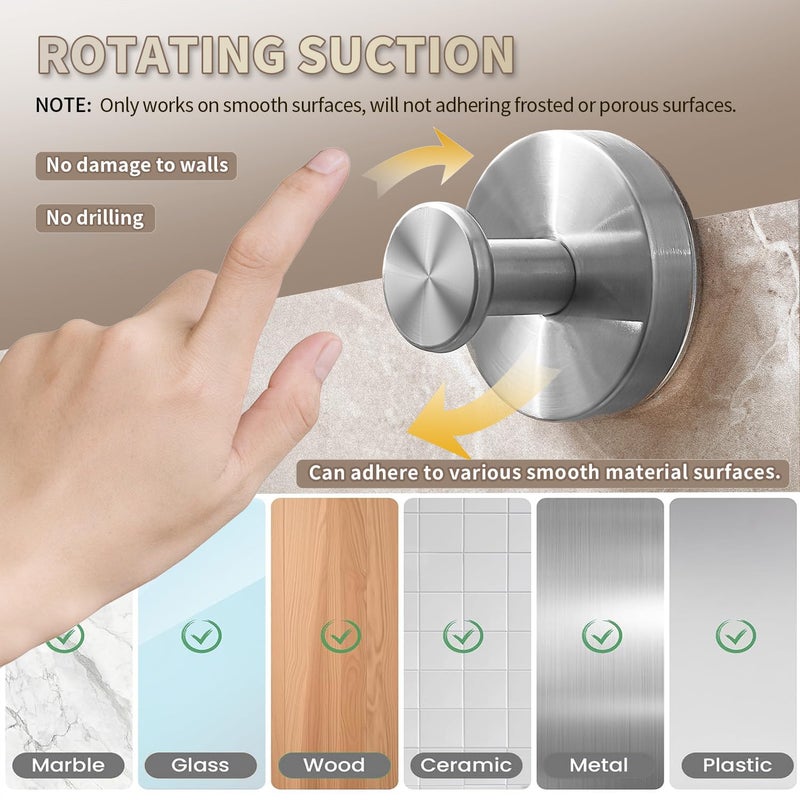SOCORIA 2025 Upgraded Drill-Free Suction Cup Hooks  Stainless Steel Suction Cup Hooks for Shower  Mirror  Wall  Bathroom  Glass  Hanging Towels - 4 Pack  Bright Silver - Image 5